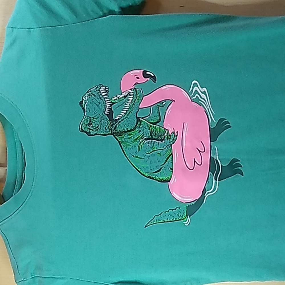 Cat & Jack Boys 6/7 small shirt Teal & Pink w Dinosaur 60% cotton 40% polyester - Picture 2 of 5